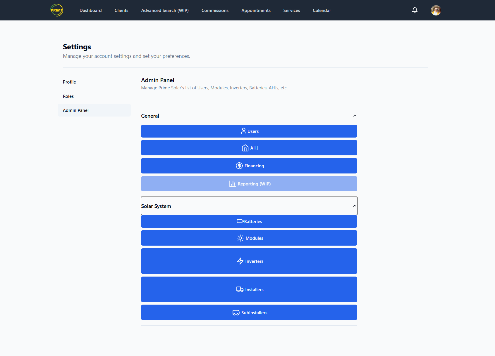 CRM Settings Page